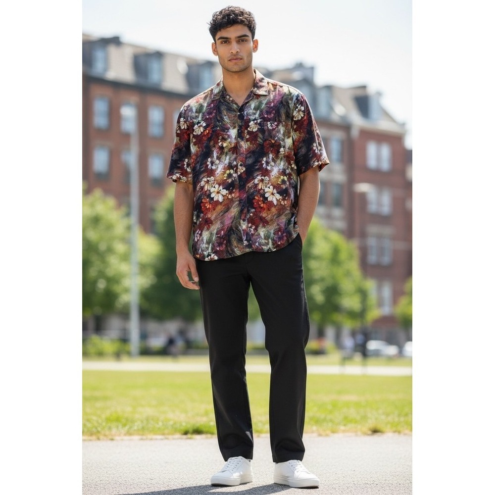 HISDERN Men's Floral Button-Up Shirt L Multicolor Short Sleeve vacation resort